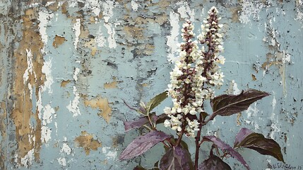 White Flowers Against Weathered Blue Wall