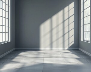 Empty room with large windows, casting shadows on a light gray tiled floor