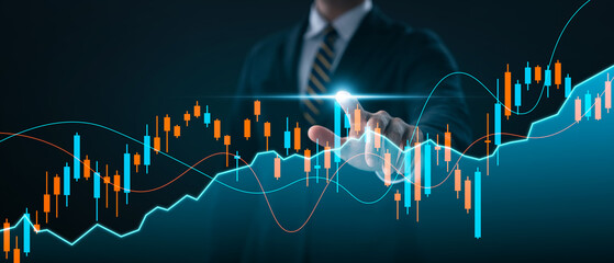 Obraz premium Businessman touching economic growth chart graph, finance investment and accounting, business development leading to success, company growth data analysis, global economic trend analysis.