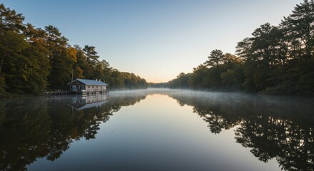 Fototapeta premium Tranquil morning at a lakeside cabin surrounded by misty water and lush trees reflecting in the calm - houseboat picture | house boat