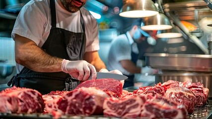 Chef preparing meat in a restaurant kitchen