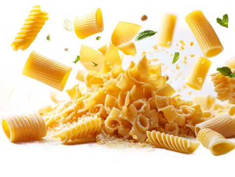 Diverse pasta varieties suspended in mid-flight isolated on transparent background for food advertising, Italian cuisine visualization, and recipe marketing