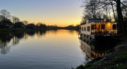 Tranquil sunset over a river with a houseboat illuminated by warm lights, surrounded by trees - houseboat picture | house boat