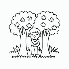 Young Boy Hugging a Tree – Nature Scene Coloring Book Style, Environmental Awareness Illustration. funny cartoon tree with flowers