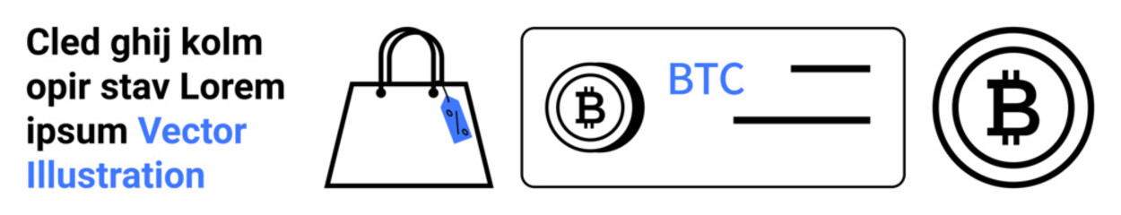 Shopping bag with price tag, Bitcoin symbol, and transaction card highlight digital currency transactions. Ideal for e-commerce, fintech, blockchain, investments, crypto wallets, online payments
