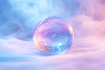 A crystal ball rests on a pastel cloud, reflecting dreamy, ethereal colors.