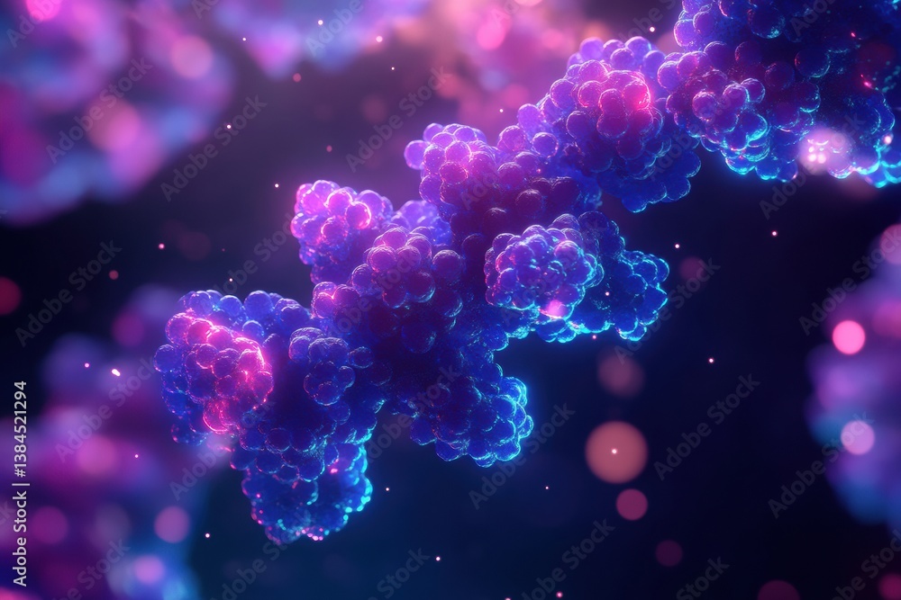 Poster Detailed 3D visualization of adeno-associated virus displaying intricate molecular structure and bioluminescent features in a fluidic setting