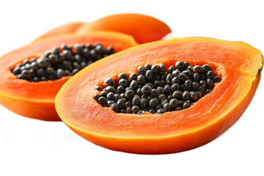 Ripe papaya halves revealing black seeds and orange flesh isolated on transparent background for tropical fruit imagery, healthy eating, and exotic food styling - Powered by Adobe