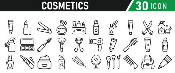 Cosmetic line icons set. Include icon - cream, collagen, mask, makeup lotion, serum, sunscreen outline pictogram for skincare product. Icons Collection