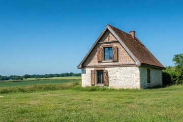 Obraz premium Charming stone cottage surrounded by lush fields under a clear blue sky in rural countryside, evoking tranquility and simplicity of country living