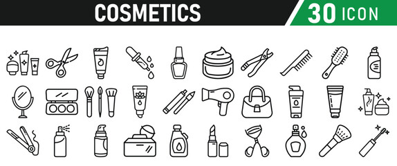 Cosmetic line icons set. Include icon - cream, collagen, mask, makeup lotion, serum, sunscreen outline pictogram for skincare product. Icons Collection