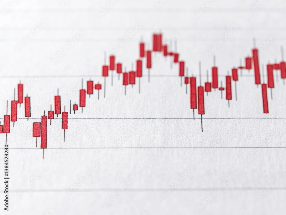 Poster a close-up of a financial chart displaying red candlestick patterns, indicating market fluctuations 