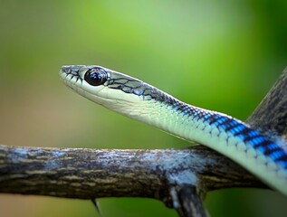Obraz premium Close-Up of a Blue-Striped Snake on a Tree