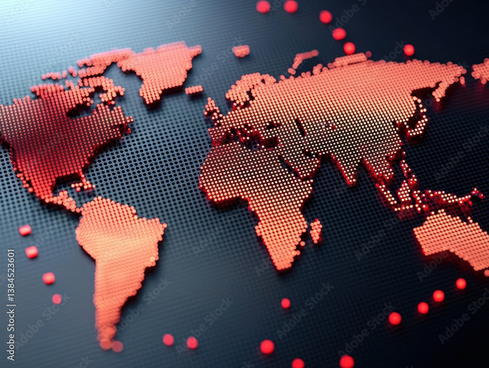 Poster a digitally rendered world map made of dotted patterns, highlighted in red against a dark background