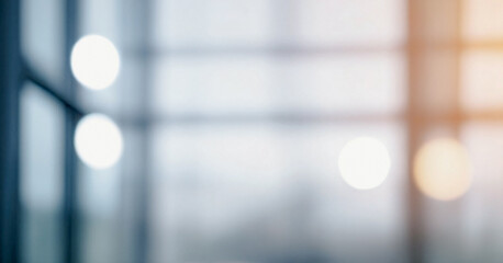 Image shows an abstract blurred background of an office interior with window light and soft focus. Premium modern bokeh photos for poster, banner and print backgrounds.