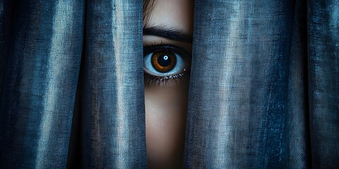 Intriguing Close-Up of a Girl's Eye Peeking Through Dark Curtains