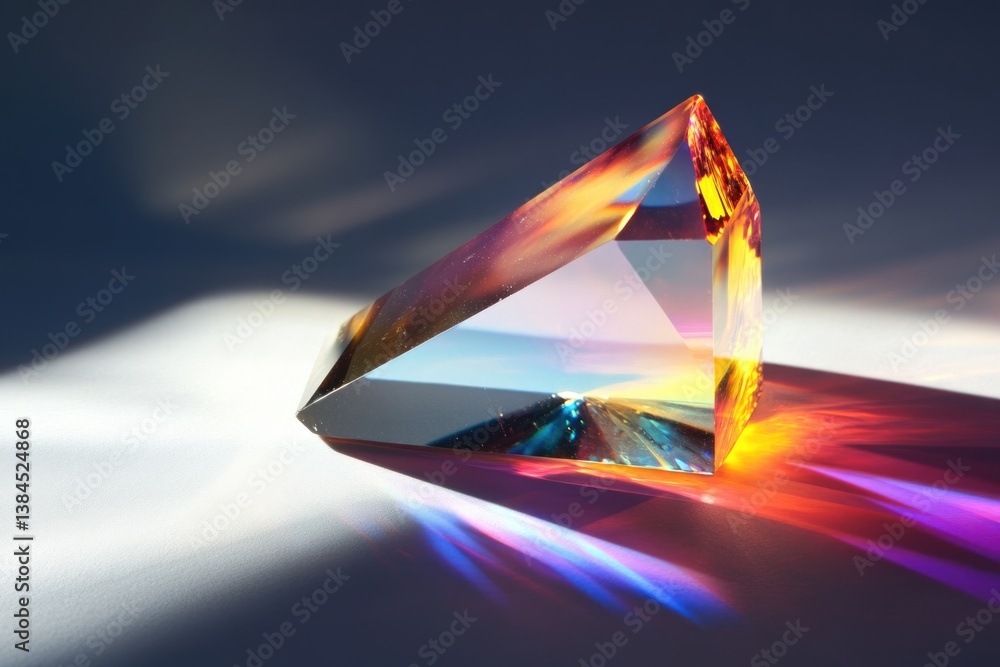 Poster a triangular glass prism refracts light, creating vibrant rainbow spectrum patterns on a neutral sur