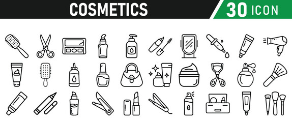 Cosmetic line icons set. Include icon - cream, collagen, mask, makeup lotion, serum, sunscreen outline pictogram for skincare product. Icons Collection
