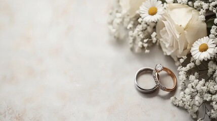Elegant wedding rings and floral decorations on a soft textured background