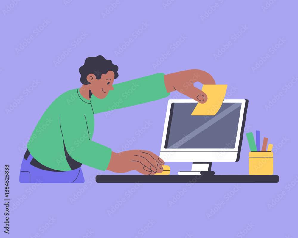 Aufkleber man working at a computer, adding a sticky note to the screen, illustrating focus, organization, and