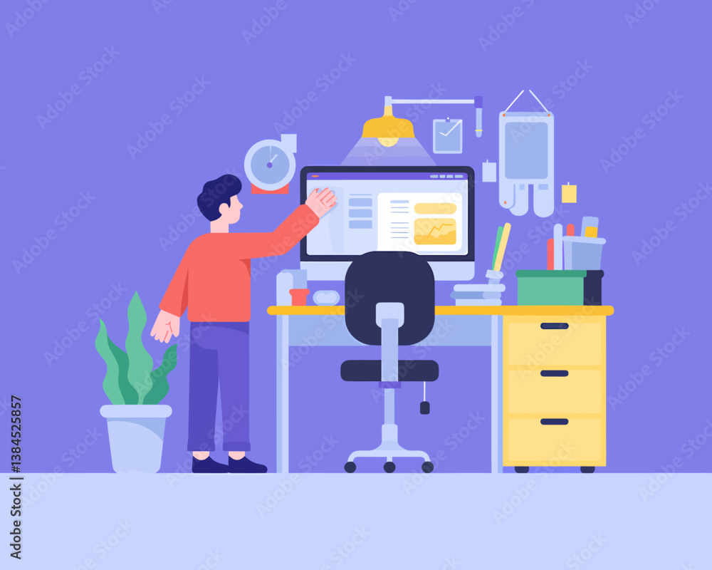 Poster creative workspace illustration: man interacting with a modern computer display in an organized home