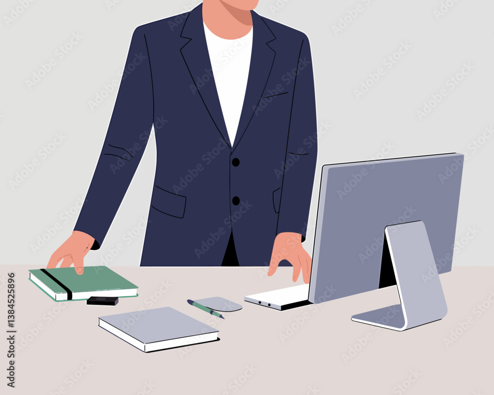 Poster professional workspace: a man in a suit, using a computer, books and pen on a minimalist desk setup 