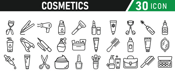 Cosmetic line icons set. Include icon - cream, collagen, mask, makeup lotion, serum, sunscreen outline pictogram for skincare product. Icons Collection