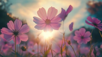 Radiant cosmos flowers bask in the glow of a tranquil sunset backdrop