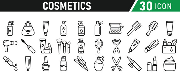 Cosmetic line icons set. Include icon - cream, collagen, mask, makeup lotion, serum, sunscreen outline pictogram for skincare product. Icons Collection