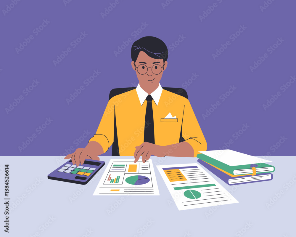 Poster analyst reviewing financial charts and calculations with calculator at desk