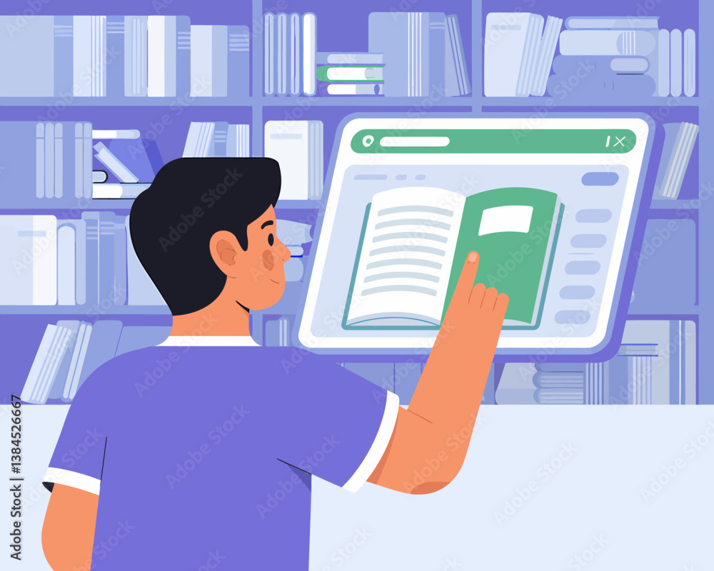 Poster online education: man using tablet to browse digital library with bookshelf background - elearning a