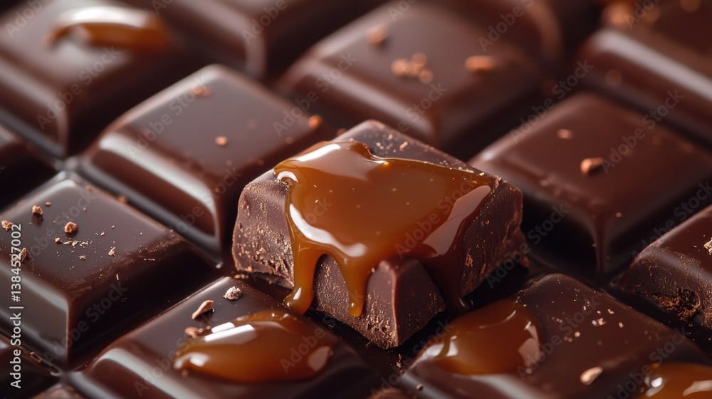 Poster luxurious dark chocolate squares with oozing caramel drips in glossy textures and soft golden lighti