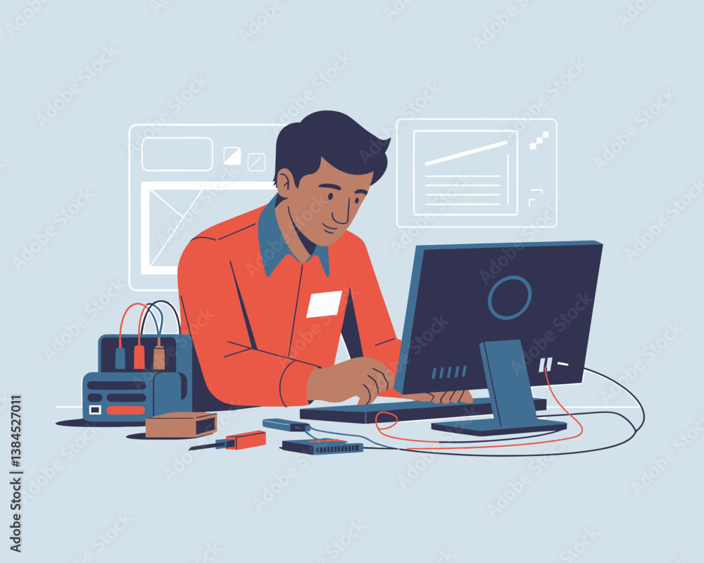 Poster electronics engineer working on desktop computer, development and testing of digital device
