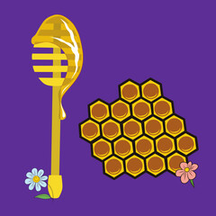 Illustration of wooden cutlery for honey and bee honeycomb. Design element for composition.
