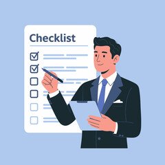 Businessman Completing Checklist with Pen: Task Management, Compliance, and Productivity Illustration