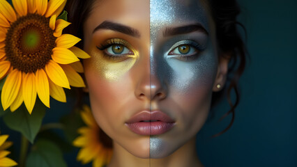 "Split portrait with gold day and silver night themes. Sunflower vs constellation sides divided by nose with heterochromatic eyes."
