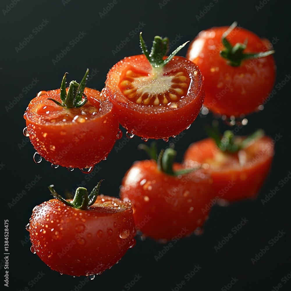 Poster refreshing display of cherry tomatoes with water droplets on a dark backdrop