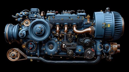 Obraz premium Detailed view of a meticulously crafted, blue and copper engine on a black background; intricate mechanical parts