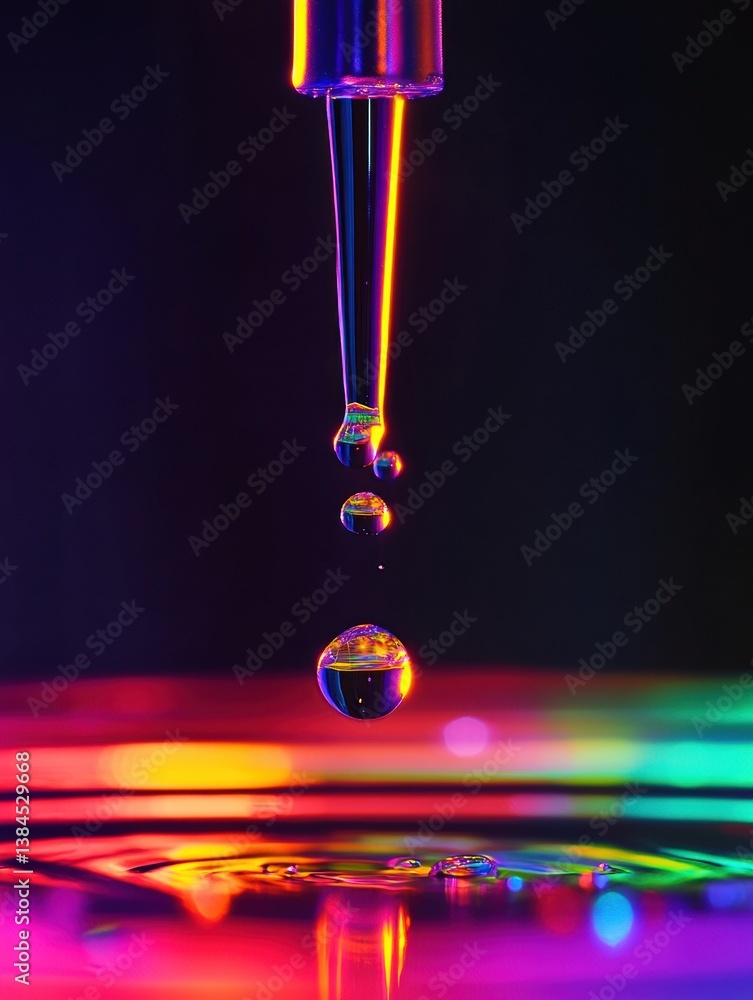 Poster Floating gasoline droplets captured in high-speed, glowing neon colors reveal intricate patterns and textures in a stunning macro close-up