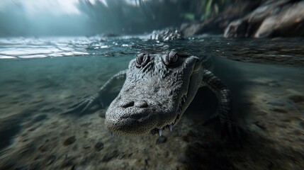 Obraz premium Close-up view of a crocodile swimming in a tranquil river, surrounded by lush greenery