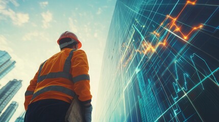 Construction worker observes digital data visualization on a skyscraper in an urban environment during sunset