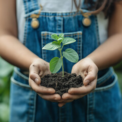 young farmer wearing overalls, proudly holding a tiny sprouting plant in their hands 