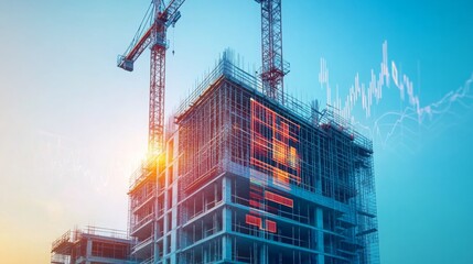 Construction site activity during sunset with cranes and digital overlay visuals