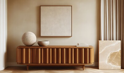  Scandinavian home interior design of modern living room. Rustic retro wooden sideboard and blank mock up frame on beige wall. 