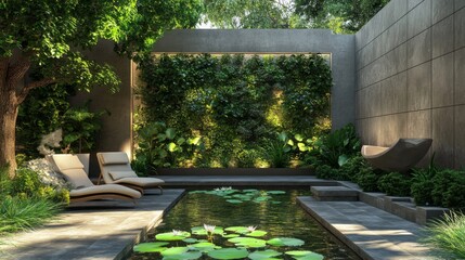 Elegant garden with private pool and lush greenery in a serene outdoor setting during daylight hours