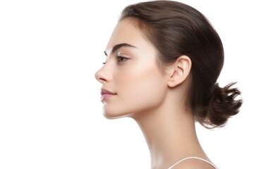 Fototapeta premium Young woman with sleek, shiny skin in profile, with soft lighting that enhances her natural glow, isolated on a white background