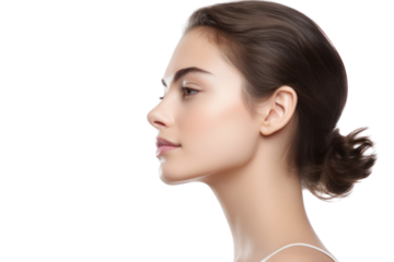 Young woman with sleek, shiny skin in profile, with soft lighting that enhances her natural glow, isolated on a white background