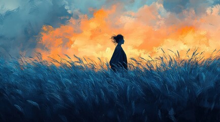 Serene Woman in Endless Blue Field of Grass Under Gradient Sky Concept Art Surreal Illustration