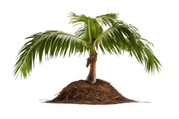 Coconut palm tree standing tall with visible roots and coconuts on the ground, isolated on white background.