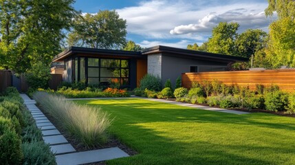 Obraz premium Modern house with stunning garden landscape in bright afternoon light showcasing lush greenery and vibrant flowers